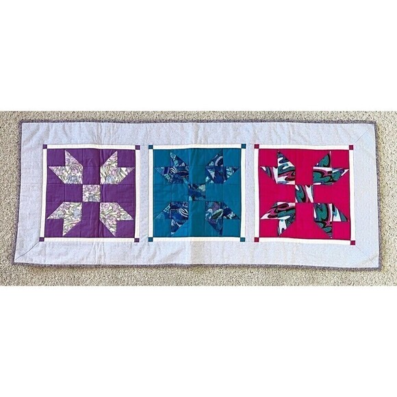 Handmade Quilted Patchwork Table Runner Pinwheel Jewel Tone Red Purple Blue - Picture 9 of 11